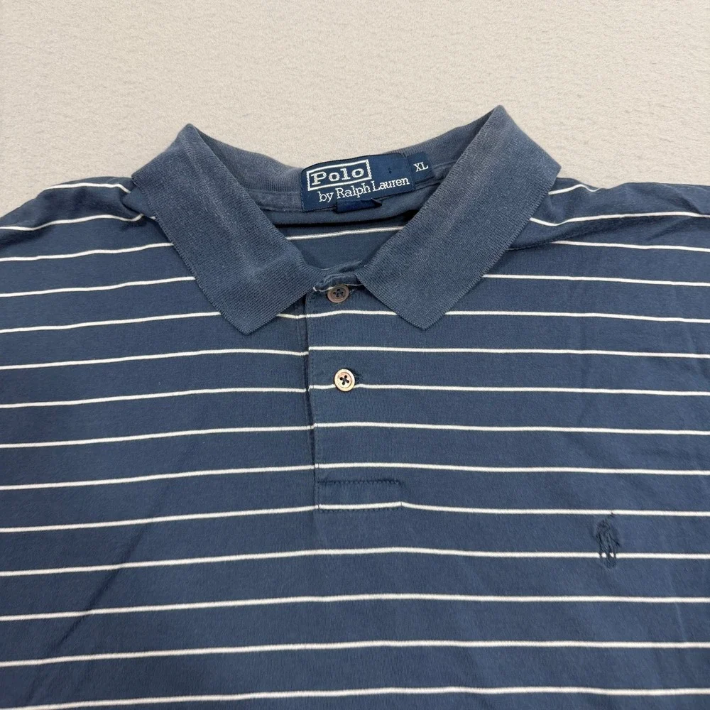 Vintage Polo Ralph Lauren Polo XL Blue Striped Short Sleeve Cotton Preppy 90s